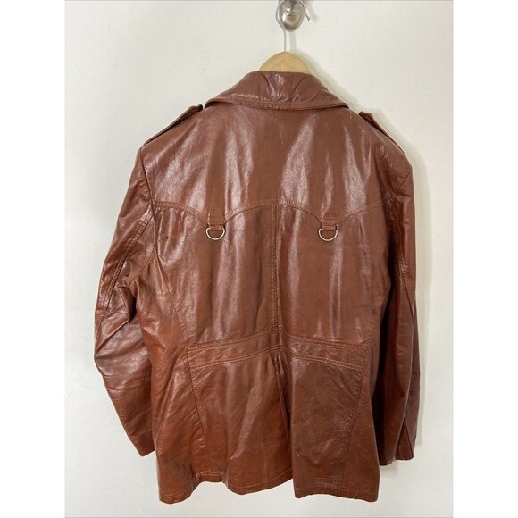 Vintage Rice Sports Wear 70s Men 42 Brown Leather Hipster Mod Disco Plaid Coat - Picture 3 of 12